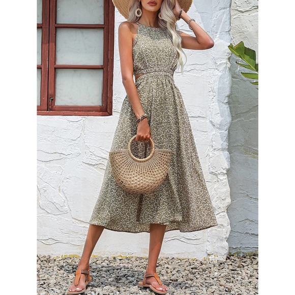 boho Floral Print Cut Out Waist Halter midi Dress - Picture 7 of 9